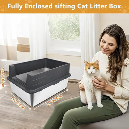 ELEGX Enclosed Pine Litter Sifting Cat Litter Box, XXXL Extra Large 28" L×20" W for Big Cats,Metal Litter Box with Screen Mesh,High Sided Enclosure,25 Pack Litter Bags & Scoop,Easy Cleaning