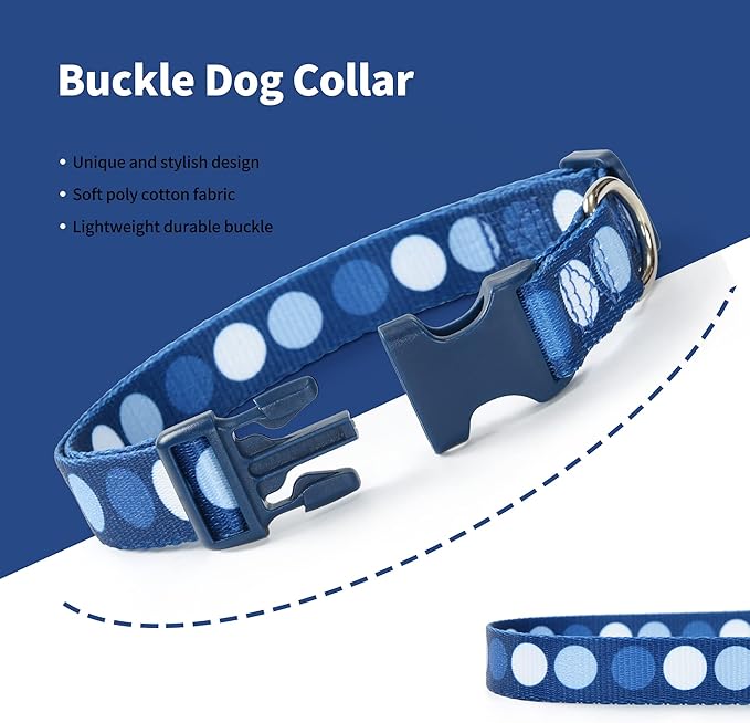 Mile High Life Dog Collar | Cute Puppy Collars | Lightweight Girl Dog Collar | Soft Boy Dog Collars | w Geometric Plaid Wave Line Pattern (Blue Dots, Small)