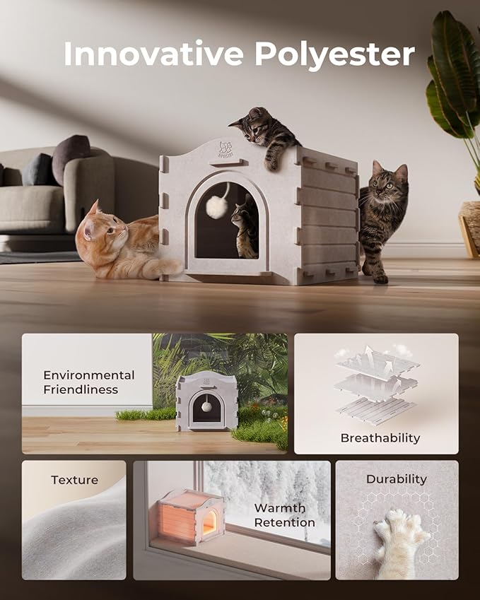 Apasiri Cat Beds for Indoor Cats: Innovative Polyester Fiber Cat House, Cat Bed Cave for Indoor Cats, Ultra-Strong Load-Bearing Capacity, Sturdy and Scratch-Resistant, Compatible with Heating Pads