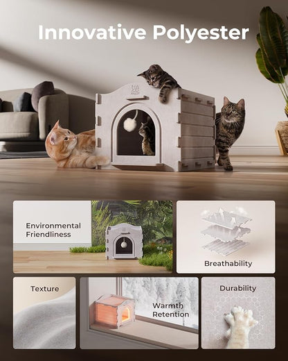 Apasiri Cat Beds for Indoor Cats: Innovative Polyester Fiber Cat House, Cat Bed Cave for Indoor Cats, Ultra-Strong Load-Bearing Capacity, Sturdy and Scratch-Resistant, Compatible with Heating Pads