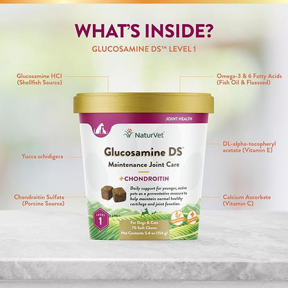 NaturVet Glucosamine DS Level 1 Maintenance, Joint Care Support Supplement for Dogs and Cats, Soft Chews, Made in The USA