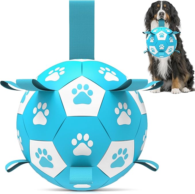 Dog Toys Soccer Ball with Straps - Durable Dog Balls for Extra Large Dogs, Dog Tug Toys for Tug of War, Beach Pool Dog Water Toy, Puppy Dog Birthday Gifts, Herding Balls for Dog, Blue White (9 Inch)
