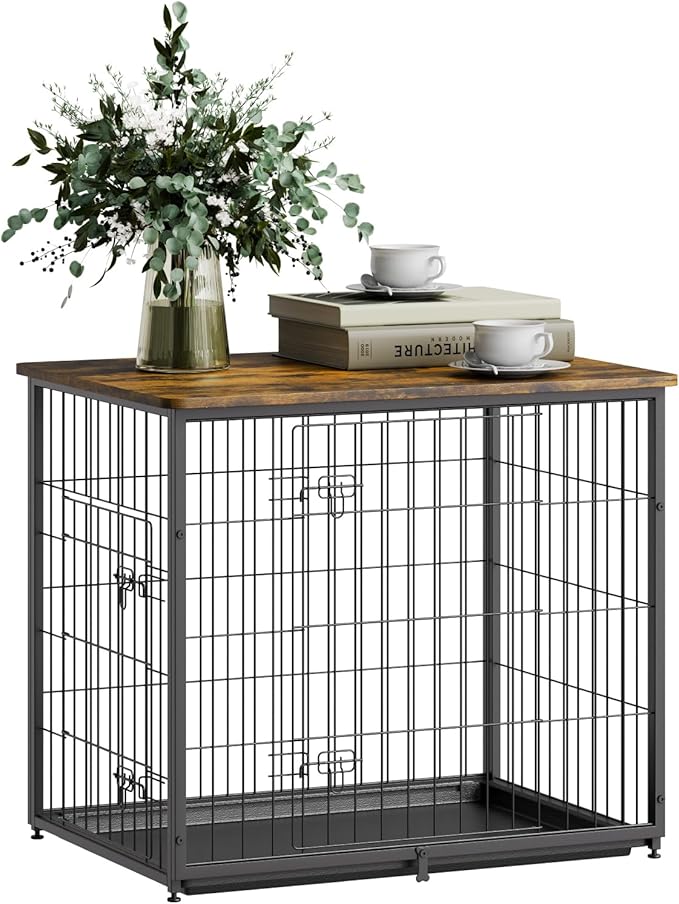 VEVOR 27" Dog Crate Furniture With Double Doors, 2-in-1 Decorative Wooden Kennel End Table, Removable Tray, Holds up to 30 lbs for Small, Medium Dogs - Brown