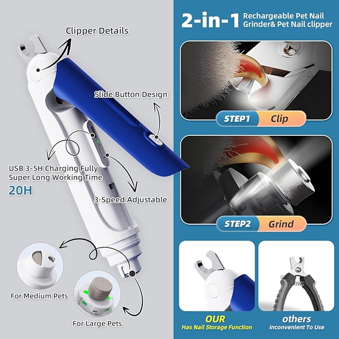 Cat and Dog Nail Grinder, 2-in-1 Electric Pet Nail Clipper, USB-C Rechargeable, 2 LED Lights, Super Quiet Painless Paws Grooming, Pet Nail Trimmer for Dogs Cats and All Pet Sizes, with Dust Cap, Blue