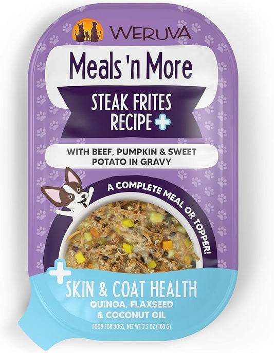 Weruva Meals 'n More Natural Wet Dog Food, Steak Frites Dinner Plus Skin & Coat Health, 3.5oz Cup (Pack of 12)