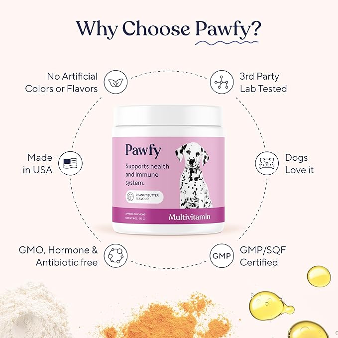 Pawfy Dog Multivitamins 15 in 1 | Dog Vitamins for Skin & Coat - Supports Overall Wellness | Advanced Senior Dog Supplements from Occasional Itching | Puppy Tasty Vitamin C Chews - 30 Count
