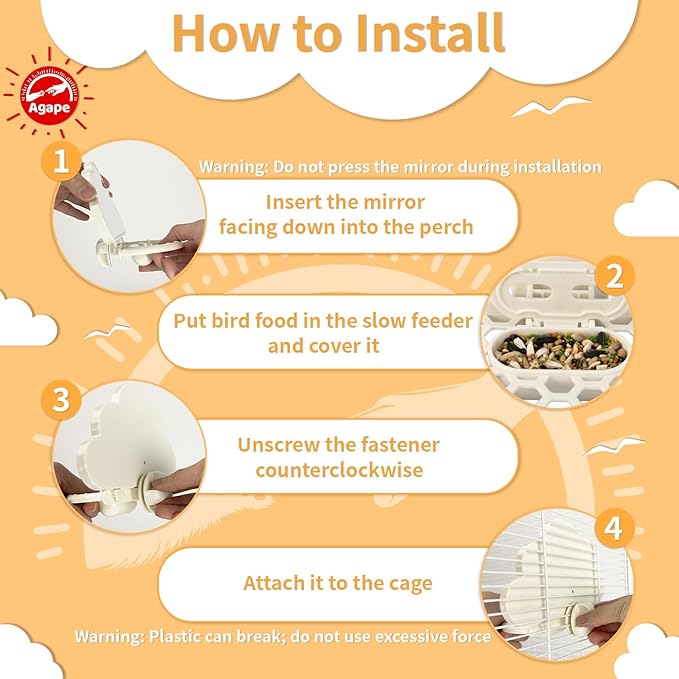 Agape Parakeet Mirror with Perch & Slow Feeder, Bird Cage Accessories for Small Parrots to Expend Energy, Bird Toys for Boredom&Anxiety, Interactive Toy for Cockatiel, Lovebird, Conure, Finch, Budgies