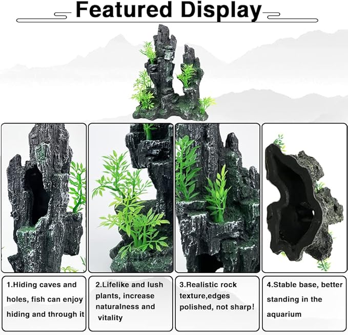 Aquarium Decorations Large and Tall Large Aquarium Decorations Fish Tank Ornaments Mountain View Stone Ornament Tree Rock Cave Artificial Fish Tank Ornament - 10.2 Inches High