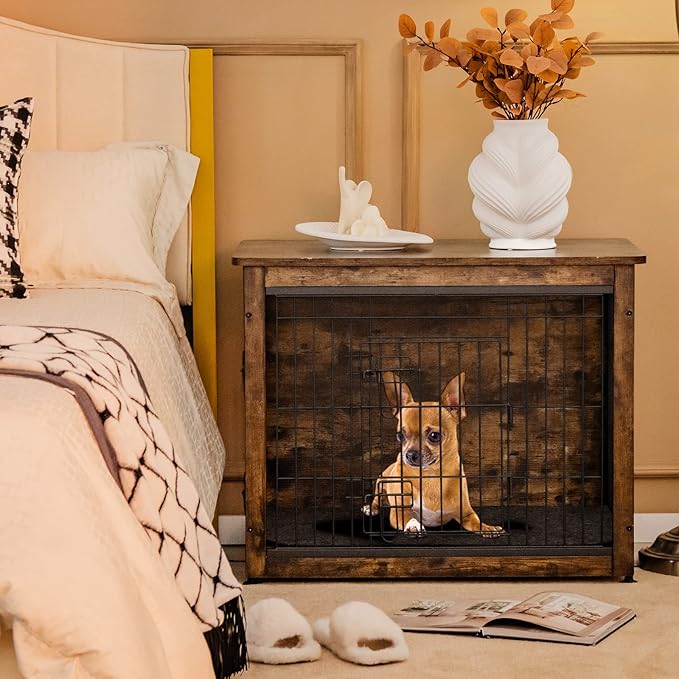 Tangkula Dog Crate Furniture with Removable Tray/Felt Mat, Wood Dog Cage End Table for Small & Medium Dogs, Industrial Double Doors Chew-Proof Dog House Dog Kennel Indoor