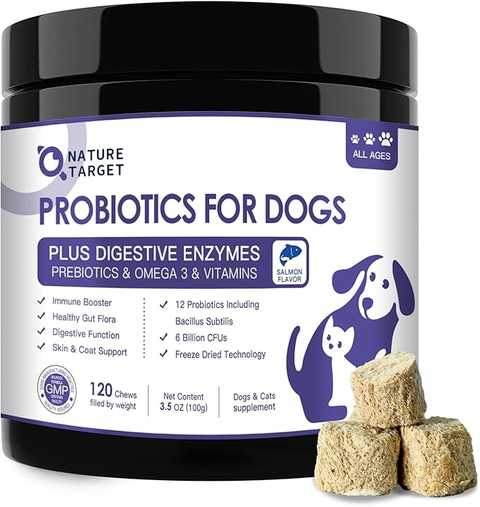 NATURE TARGET Probiotics for Dogs, 6 Billion CFUs Dog Probiotics for Digestive Health with Prebiotic and Digestive Enzymes, Rich in Omega 3 and Vitamins for Skin & Coat, Salmon-Flavored - 120 Counts
