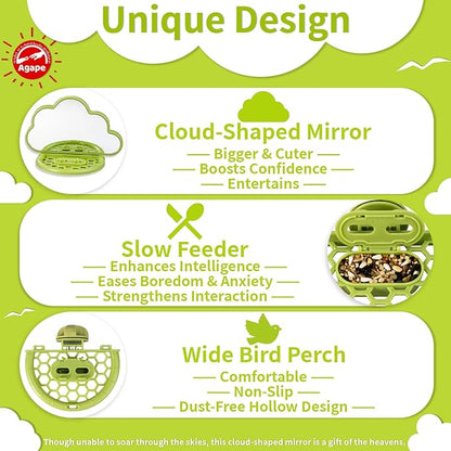Agape Bird Mirror with Perch&Slow Feeder, Birds Toys for Boredom&Anxiety, Bird Cage Accessories for Parrots to Expend Energy, Interactive Toys for Parakeet, Cockatiel, Lovebird, Conure, Finch, Budgies