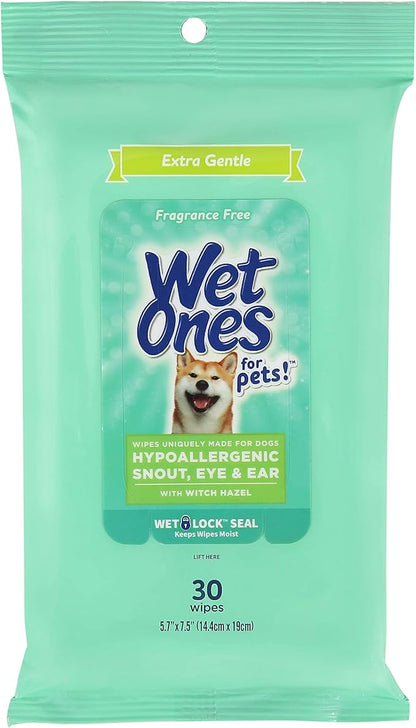 Wet Ones for Pets Extra Gentle Hypoallergenic Dog Wipes with Witch Hazel for Snout, Eye, Ear | Fragrance-Free for All Dogs with Wet Lock Seal | 30 Ct Pouch