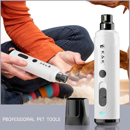 K&K Dog Nail Grinder with 2 LED Light for Large Medium Small Dogs Professional 2-Speed Powerful Electric pet Nail Clipper which Gentle and Painless Paws Grooming & Smoothing Tool (White)