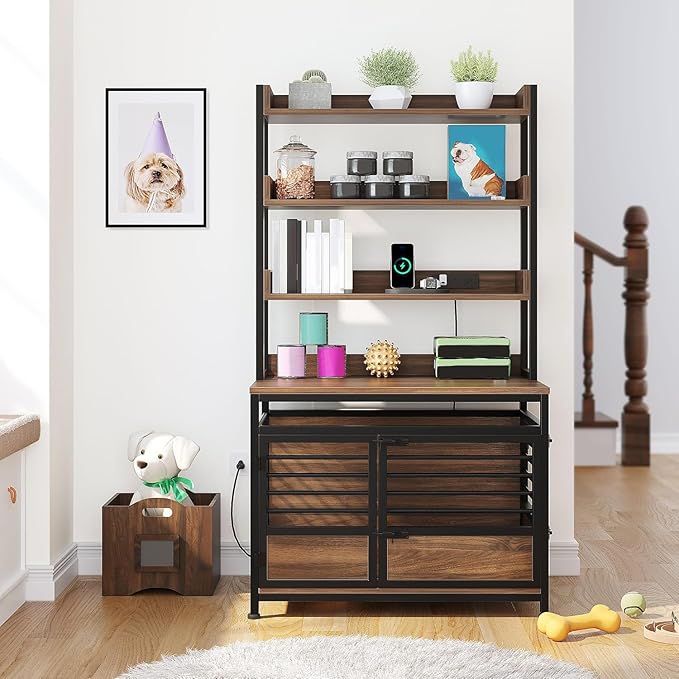 DWVO Dog Crate Furniture with Storage Shelves, Heavy Duty Dog Crate with Charging Station, 39 Inch Dog Kennel Indoor Furniture for Large Dogs, Modern Decorative Dog Crate with Double Doors, Brown