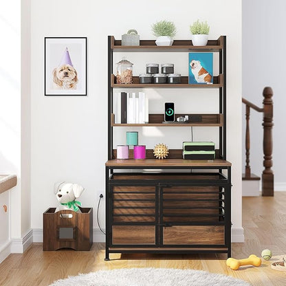 DWVO Dog Crate Furniture with Storage Shelves, Heavy Duty Dog Crate with Charging Station, 39 Inch Dog Kennel Indoor Furniture for Large Dogs, Modern Decorative Dog Crate with Double Doors, Brown