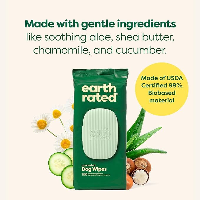 Earth Rated Pet Grooming Wipes for Dogs and Cats, Hypoallergenic, Cleaning and Hydrating, for Paws, Body and Butt, Unscented, 100 Count