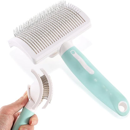 Dog Self-Cleaning Slicker Brush with One Button Fur Removal and Coated Tips Deshedding Brush for Long Hair Dogs and Cats for Shedding Massaging Grooming Green