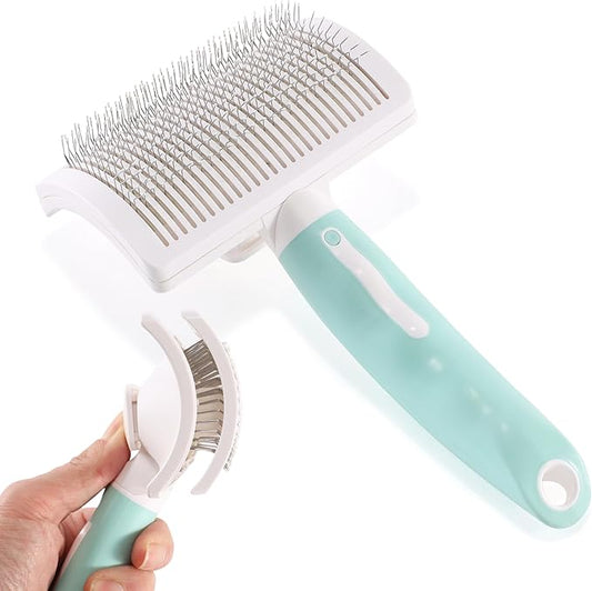 Dog Self-Cleaning Slicker Brush with One Button Fur Removal and Coated Tips Deshedding Brush for Long Hair Dogs and Cats for Shedding Massaging Grooming Green