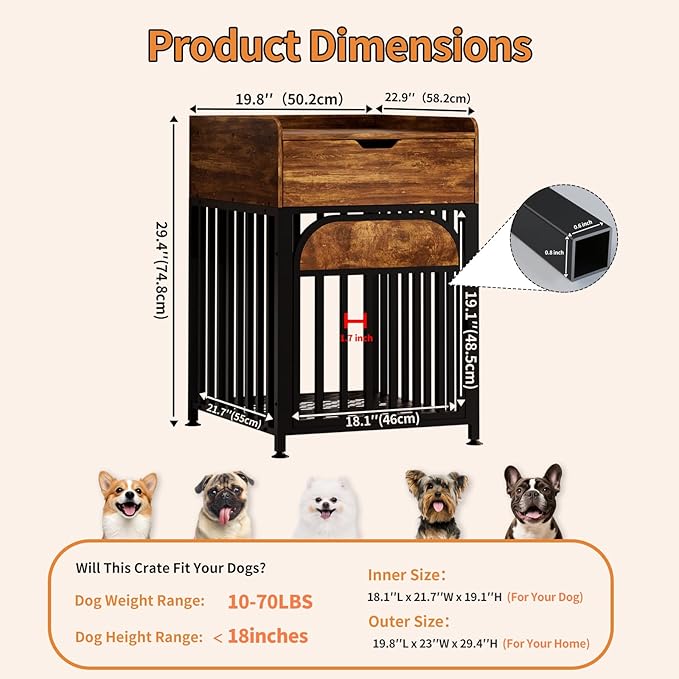 Dog Crate Furniture for Small Dogs, Chew-Proof Steel-Tube Dog Cage, Indoor Pet Crate End Table with Pet Mat, Decorative Dog Kennel with Drawer