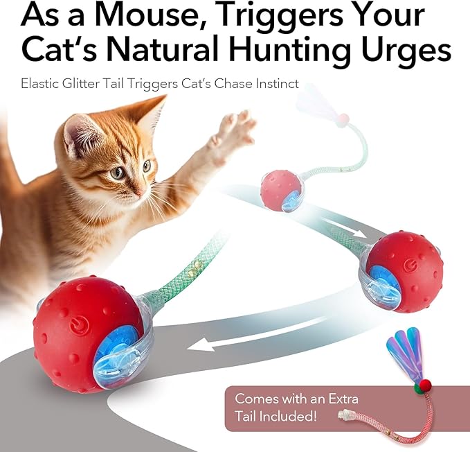 Speedy Tail Ball Toy 3.0 with 3 Play Modes, Bonus Tail, Powerful Motor Moving Ball, Interactive Auto Toy for Indoor Bored Kitten & Adult Cats, USB Rechargeable (Red, Birdsong)
