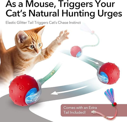 Speedy Tail Ball Toy 3.0 with 3 Play Modes, Bonus Tail, Powerful Motor Moving Ball, Interactive Auto Toy for Indoor Bored Kitten & Adult Cats, USB Rechargeable (Red, Birdsong)