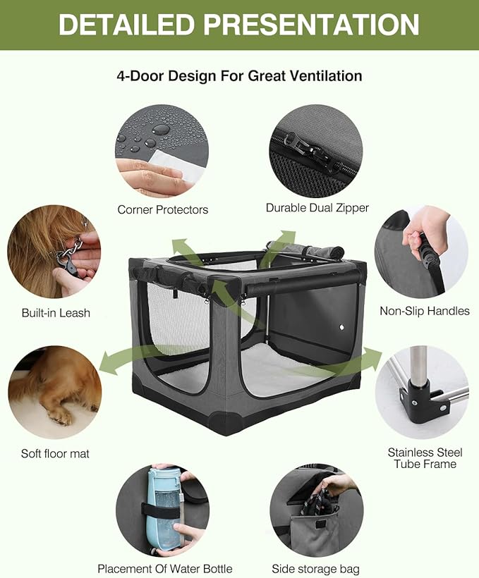 36-Inch Collapsible Travel Dog Crate, Portable 4-Door Soft Kennel for Medium to Large Dogs, Chew-Proof Mesh Windows, Indoor/Outdoor Use, Foldable, with Storage Bag (Grey)