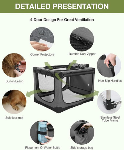 36-Inch Collapsible Travel Dog Crate, Portable 4-Door Soft Kennel for Medium to Large Dogs, Chew-Proof Mesh Windows, Indoor/Outdoor Use, Foldable, with Storage Bag (Grey)