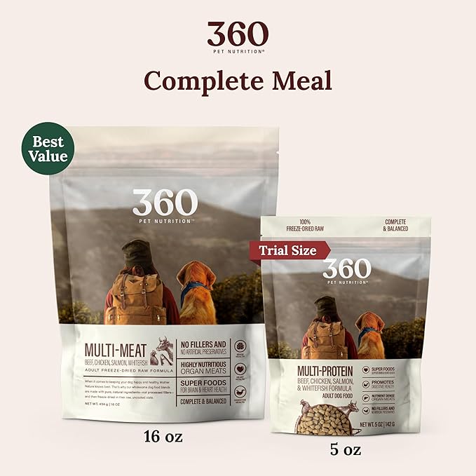 360 Pet Nutrition Raw Freeze-Dried Dog Food, High Protein, Balanced Meal w/Beef, Chicken,Organs, Whitefish, Omega-3, Fruit&Veg, Superfoods, No Fillers, 5 oz Food/Bites/Kibble (Multi Meat) Trial Size