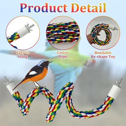 3 Pcs Bird Perch Cage Accessories Perches for Rope Cages Colorful Parrot Ropebird Flexible Parrot Toys (Large + Small) Double-Head Screw Type * 1 + Hook Cotton Rope Type * 1