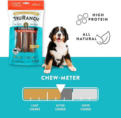 TRURANCH Collagen Rolls - 9" Collagen Rolls for Dogs - Long Lasting Healthy Joint Support - Rawhide Alternative - Skin & Coat Health - Made with Real Beef, Value Pack, 3 Bags, 9 Count
