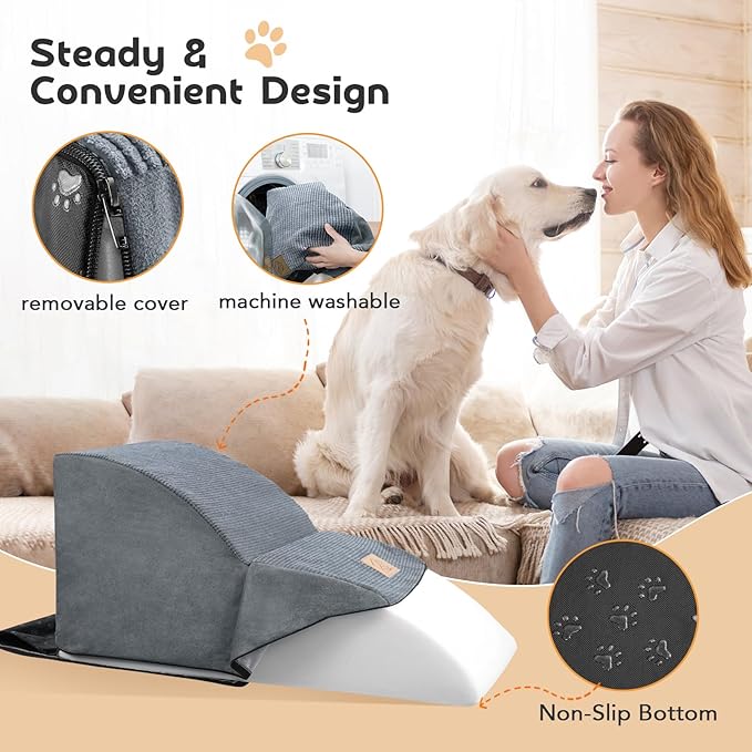 Mestuel Extended Dog Stairs Steps for Couch Sofa Bed, 2 Steps Dog Stairs Ramp for Small Old Joint Injury Dogs Cats Easy Access, Pet Stairs with High Density Foam& Nonslip Bottom, Lint Roller, Gray