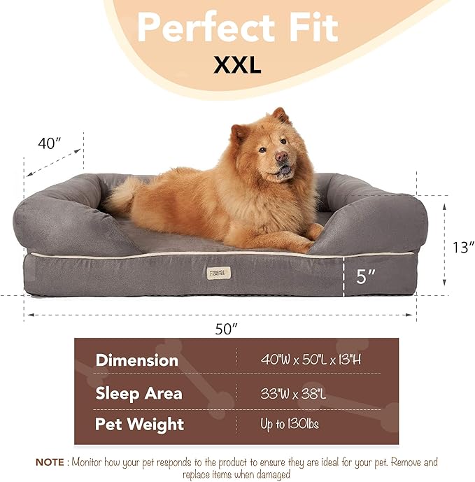 Friends Forever XX-Large Dog Bed, Orthopedic Dog Sofa Memory Foam Mattress, Calming Dog Couch Bed, Wall Rim Pillow, Water Resistant Liner, Washable Cover, Non-Slip Bottom, Chester, XX-Large Grey