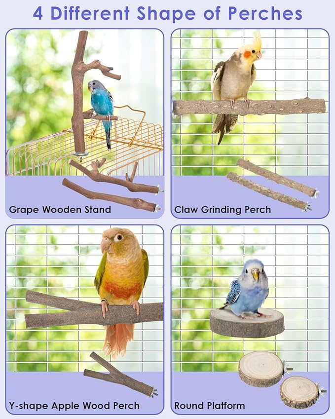 Bissap Bird Perch Stand 7PCS, Natural Grape Wood Pole Standing Parrot Cage Branch Paw Grinding Fork Parakeet Platform Hammock for Conures Budgies Finches Cockatiels Small Birds Exercise Training