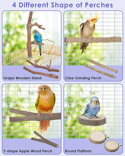 Bissap Bird Perch Stand 7PCS, Natural Grape Wood Pole Standing Parrot Cage Branch Paw Grinding Fork Parakeet Platform Hammock for Conures Budgies Finches Cockatiels Small Birds Exercise Training