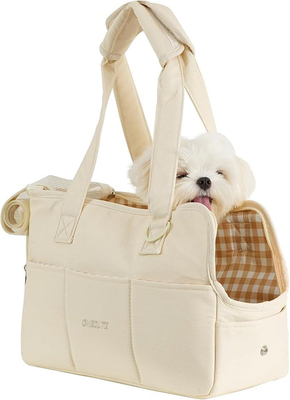Dog Purse Carrier for Small Dogs Rabbit cat with Large Pockets, Cotton Bag, Dog Carrier Soft Sided, Collapsible Travel Puppy Carrier (Beige, 13.6" L x 6.5" W x 10" H)