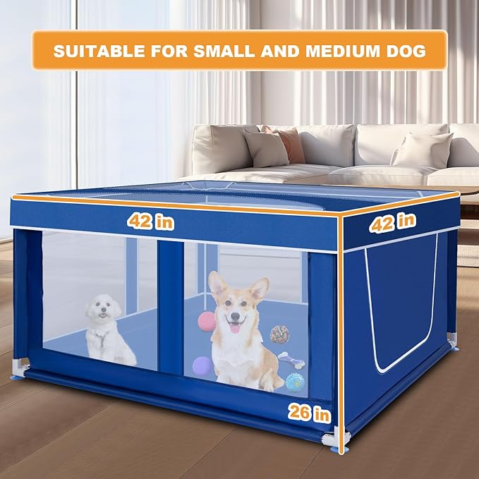42x42 Inches Puppy Playpen with Top Cover, Dog Playpen for Small or Puppy Dogs, Pet Playpen for Indoor & Outdoor, Sturdy Safety Dog Crate with Durable Mesh Windows, Blue