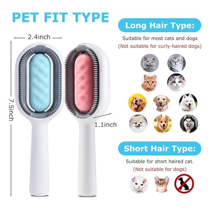 4 in 1 Pet Hair Removal Comb with Gravity Water Tank, Cat Dog Massage Brush Self Cleaning Grooming Wet Comb for Shedding Fur (Long Hair, 2PCS)