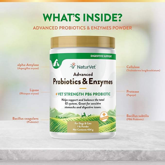 NaturVet  Advanced Probiotics & Enzymes - Plus Vet Strength PB6 Probiotic | Supports and Balances Pets with Sensitive Stomachs & Digestive Issues | for Dogs & Cats (1 lb)