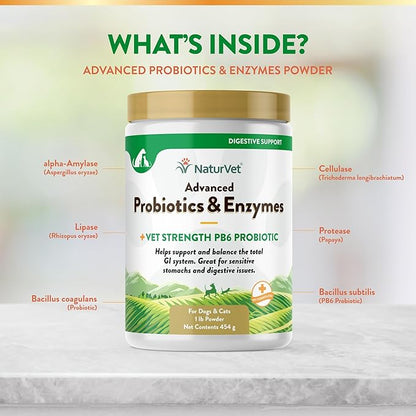 NaturVet  Advanced Probiotics & Enzymes - Plus Vet Strength PB6 Probiotic | Supports and Balances Pets with Sensitive Stomachs & Digestive Issues | for Dogs & Cats (1 lb)