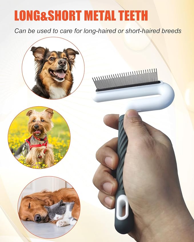 2 PCS Pet Comb with Long & Short Stainless Steel Teeth,Flea and Tick Comb for Dogs & Cats,Pet Grooming Brush for Short&Long Hair,2 different shapes with Rubber Handle