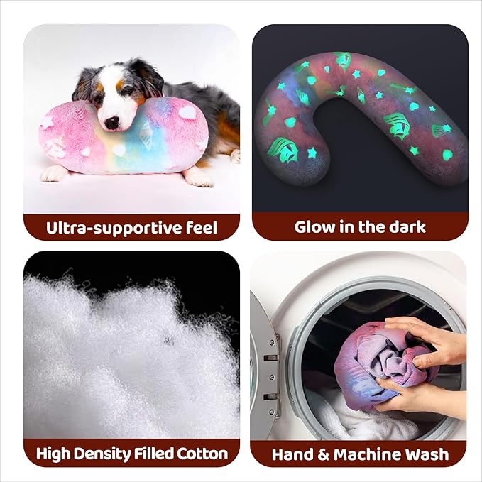 Dog Calming Pillow, Glow in The Dark Dog Throw Pillow, Soft J-Shaped Pillow for Cat & Dog, Machine Washable Pet Calming Toy for Joint Relief Sleeping Improve-M