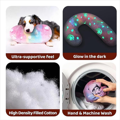 Dog Calming Pillow, Glow in The Dark Dog Throw Pillow, Soft J-Shaped Pillow for Cat & Dog, Machine Washable Pet Calming Toy for Joint Relief Sleeping Improve-M