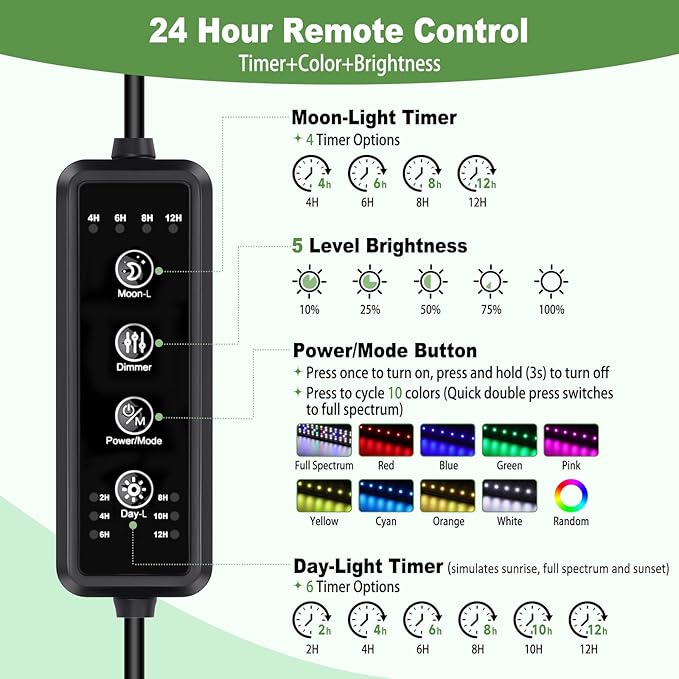 hygger LED Aquarium Light with Timer, 15W Full Spectrum Fish Tank Plant Growth Lamp, 24 H Remote Control, Adjustable Brightness & 10 Colors, Extendable Bracket, Power-Off Memory, Fits 12-18 Inch Tank