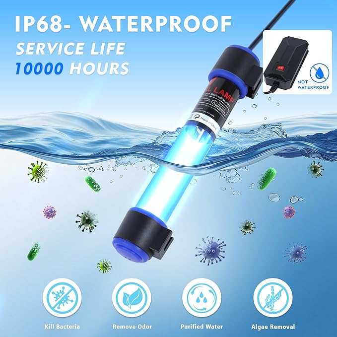 9W UVC Aquarium Light for Fish Tank and Pond – Quartz Tube Waterproof UV Lamp, Water Clarifier for Clearer Water