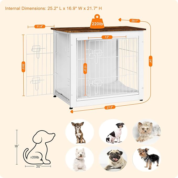 DWANTON Dog Crate Furniture with Cushion, Wooden Dog Crate with Double Doors, Dog Furniture, Dog Kennel Indoor for Small Dogï¼_nd Table, 27.2" L, White+Rustic Brown