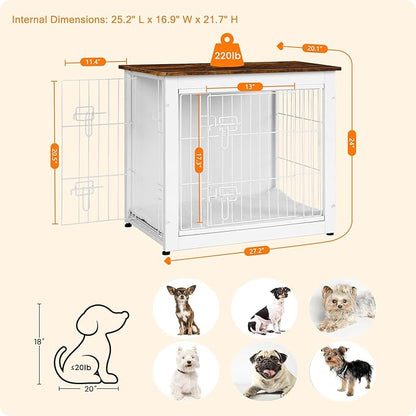 DWANTON Dog Crate Furniture with Cushion, Wooden Dog Crate with Double Doors, Dog Furniture, Dog Kennel Indoor for Small Dogï¼_nd Table, 27.2" L, White+Rustic Brown