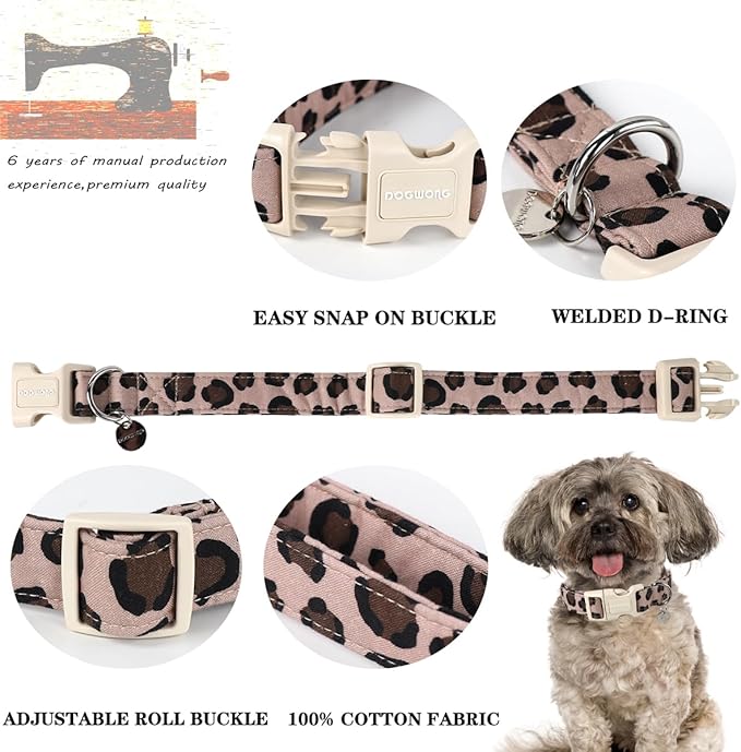 DOGWONG Cotton Dog Collar, Leopard Spring Summer Dog Collar Cute Wedding Puppy Necklace for Small Medium Large Dogs