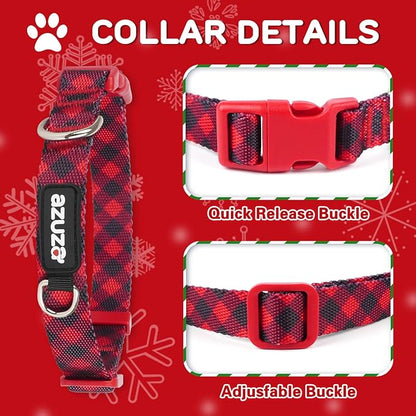 azuza 3 Pack Christmas Nylon Dog Collars Buffalo Check Durable and Comfortable Dog Collars with ID Tag Ring Adjustable for Large Dogs, L (18-26inch)