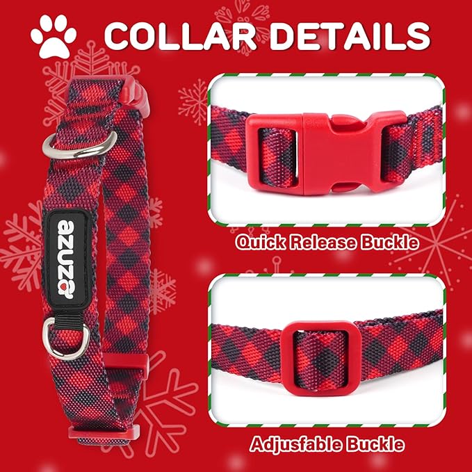 azuza 3 Pack Christmas Nylon Dog Collars Buffalo Check Durable and Comfortable Dog Collars with ID Tag Ring Adjustable for Small Dogs, S (11-16inch)