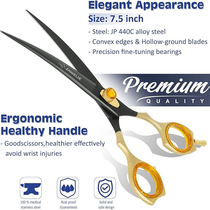 Dog Grooming Scissor- 7.5 Pet Shears, Japanese Stainless Steel Ergonomic Pet Grooming Scissor, Heavy Duty Sharp and Comfortable pet Scissors for Grooming, Dogs, Cats and Other Animals (Curved)